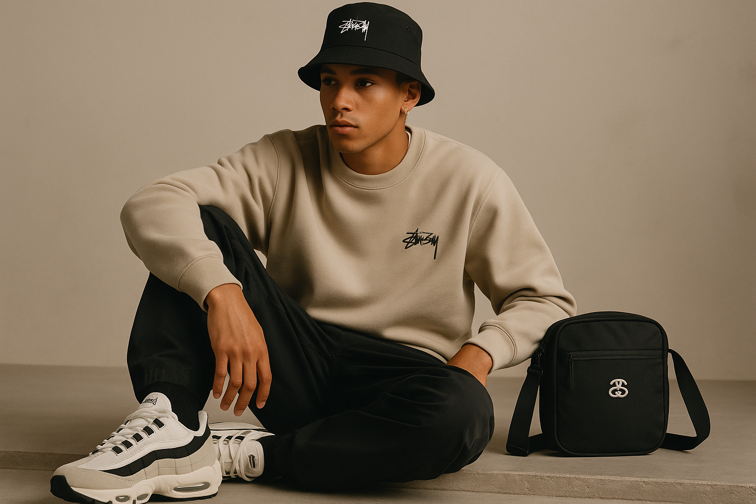 Editorial Stussy look με streetwear ένδυση, sneakers και αξεσουάρ σε premium περιβάλλον