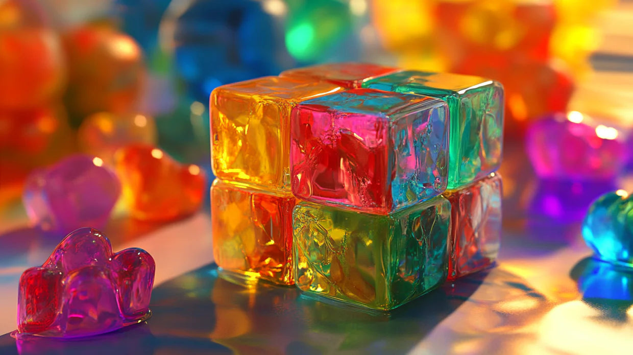 Block of small stacked multi-colored translucent cubes, surrounded by colorful gelled drops and clusters on a shiny surface.