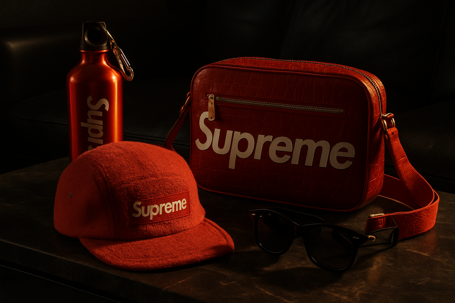 Ένα πολυτελές και κομψό hero image που παρουσιάζει τα εμβληματικά αξεσουάρ Supreme σε ένα περιβάλλον πολυτελούς streetwear, με έμφαση σε υφές και συνολική ατμόσφαιρα.