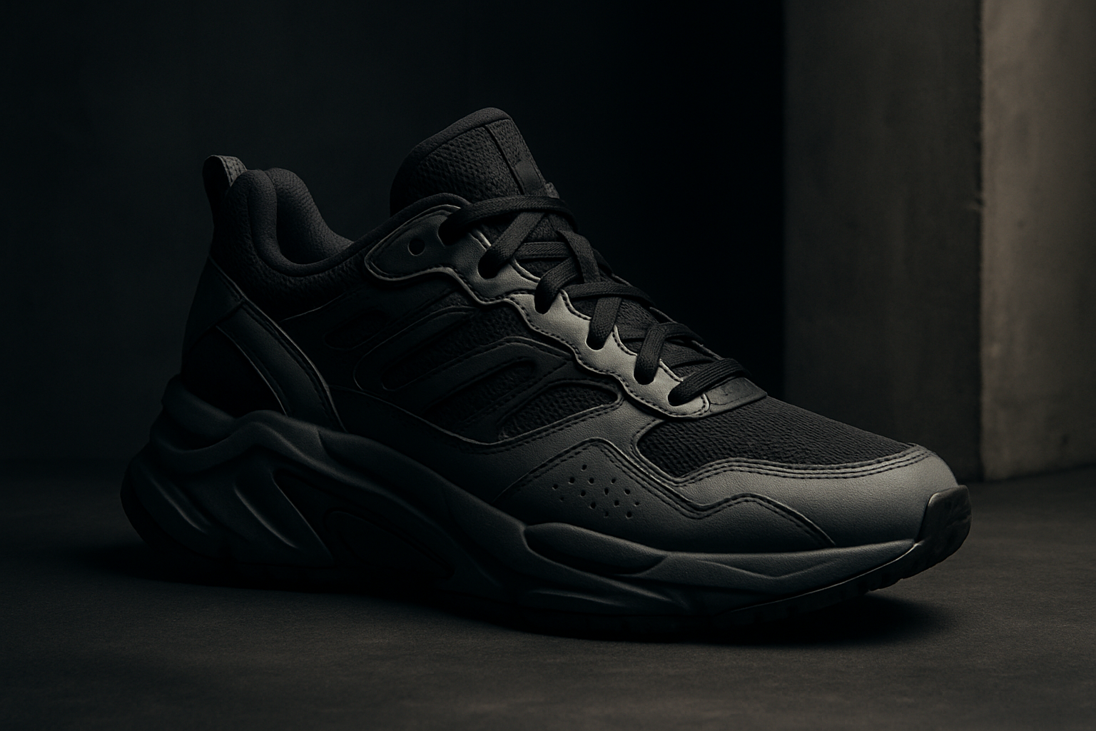 A high-end streetwear styled hero shot of a tech-inspired sneaker, focusing on materiality, silhouette, and urban fashion elements, with sophisticated lighting and a stylish backdrop, in a landscape format.