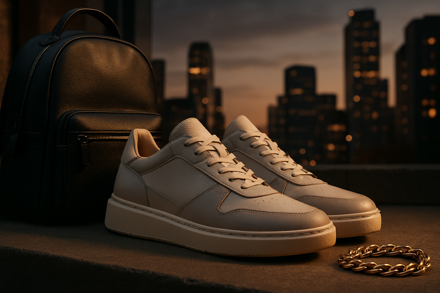 Vue d'ensemble d'une paire de sneakers de luxe streetwear, dans un environnement urbain sophistiqué, mettant en avant la silhouette moderne et le matériaux premium.