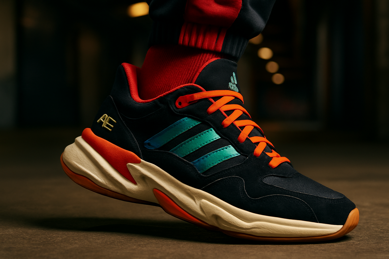 O imploraș de adidași AE, evidențiind materiale de lux și o siluetă energică, simbolizând stilul dinamic al lui Anthony Edwards.