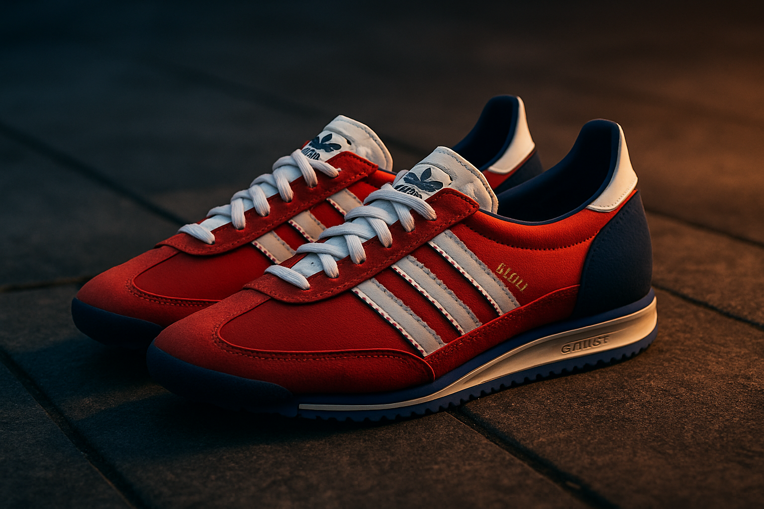 En nærbillede af adidas SL 72 på en betonoverflade i et bymiljø, fremhævende deres slanke silhouette og vintage æstetik.