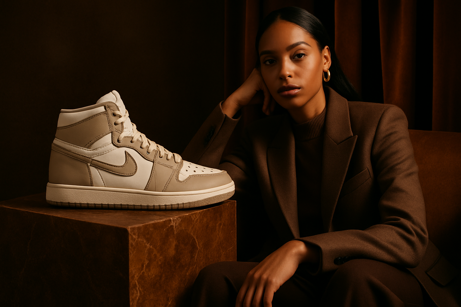 Un portrait de style de vie luxueux présentant une sneaker haut de gamme, silhouette rétro et éclairage sophistiqué.