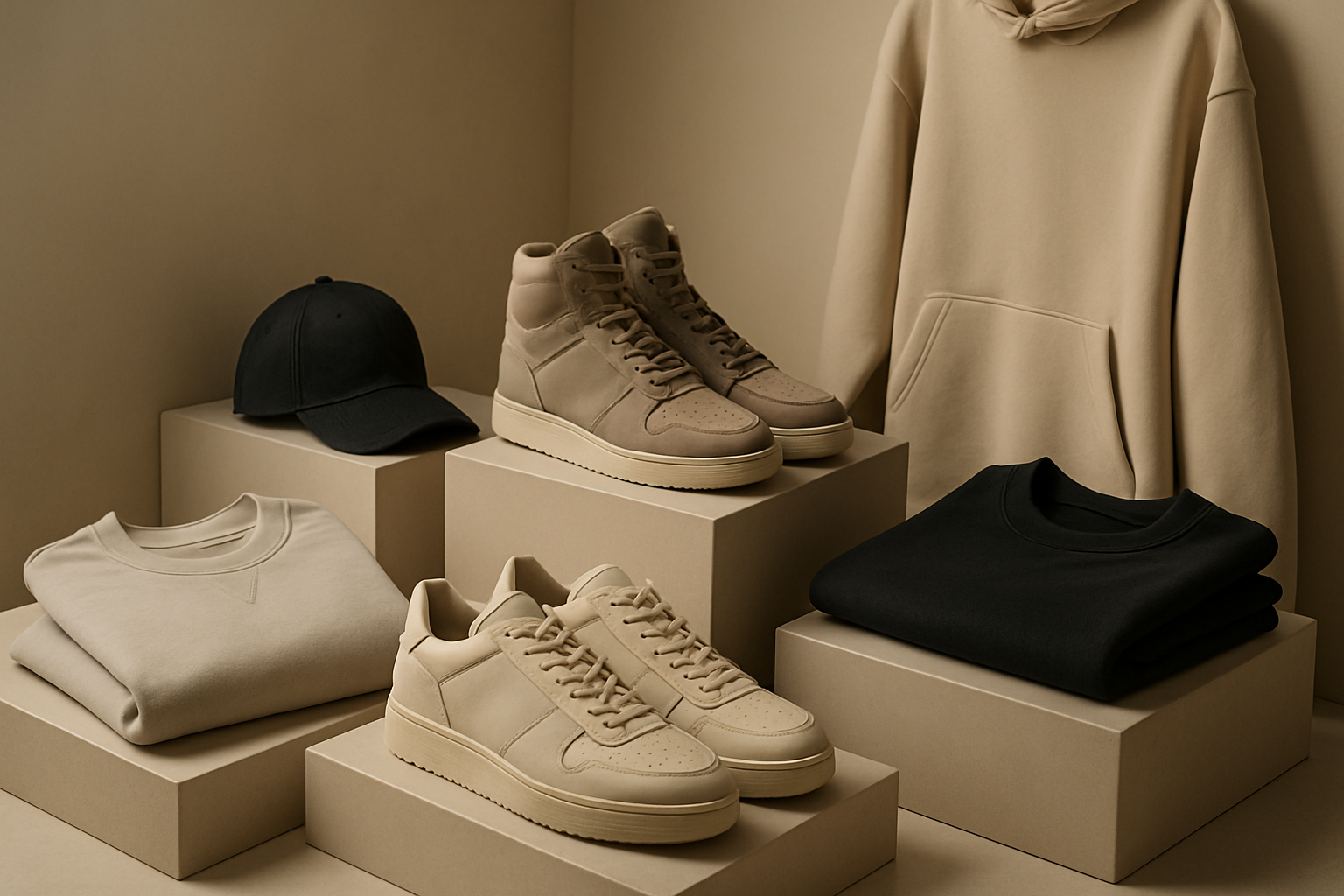 Vizualizácia luxusnej kolekcie tenisiek a streetwearu, elegantné siluety, prémiové materiály, sofistikovaná atmosféra, neutrálne farby, mäkké osvetlenie