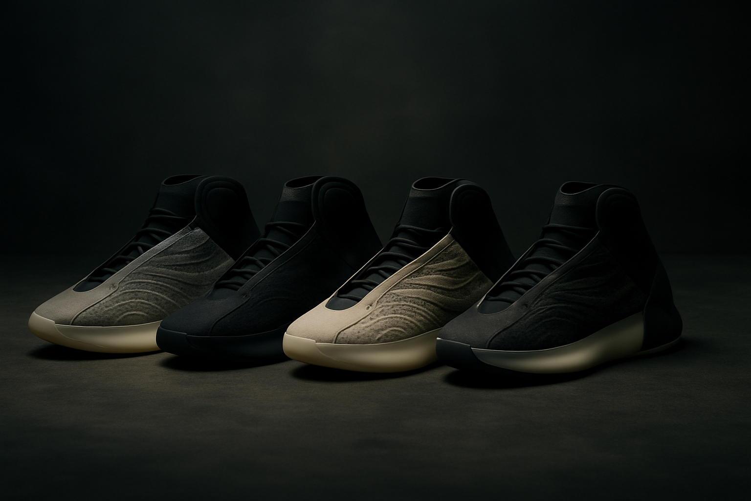 Vue en gros plan de sneakers Yeezy QNTM, mettant en évidence leur design futuriste et leurs détails techniques sur un fond neutre.