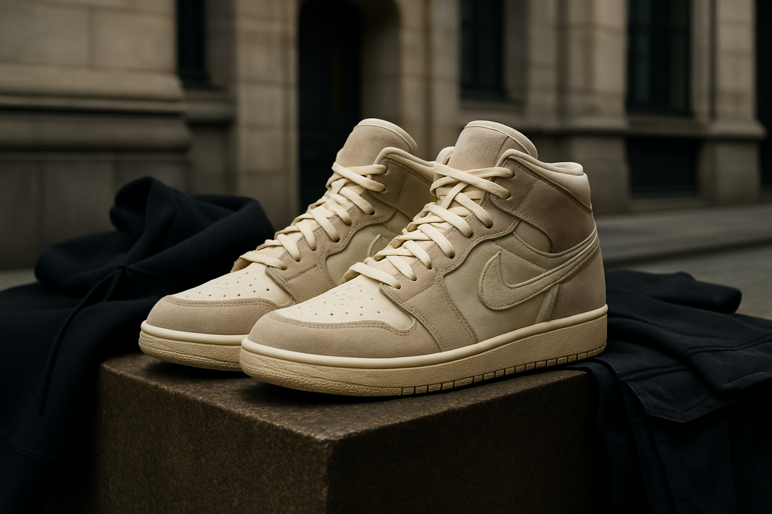 Une image de héros sophistiquée mettant en valeur des pièces streetwear Jordan de luxe, avec des matériaux haut de gamme, des silhouettes modernes, dans un environnement urbain chic.