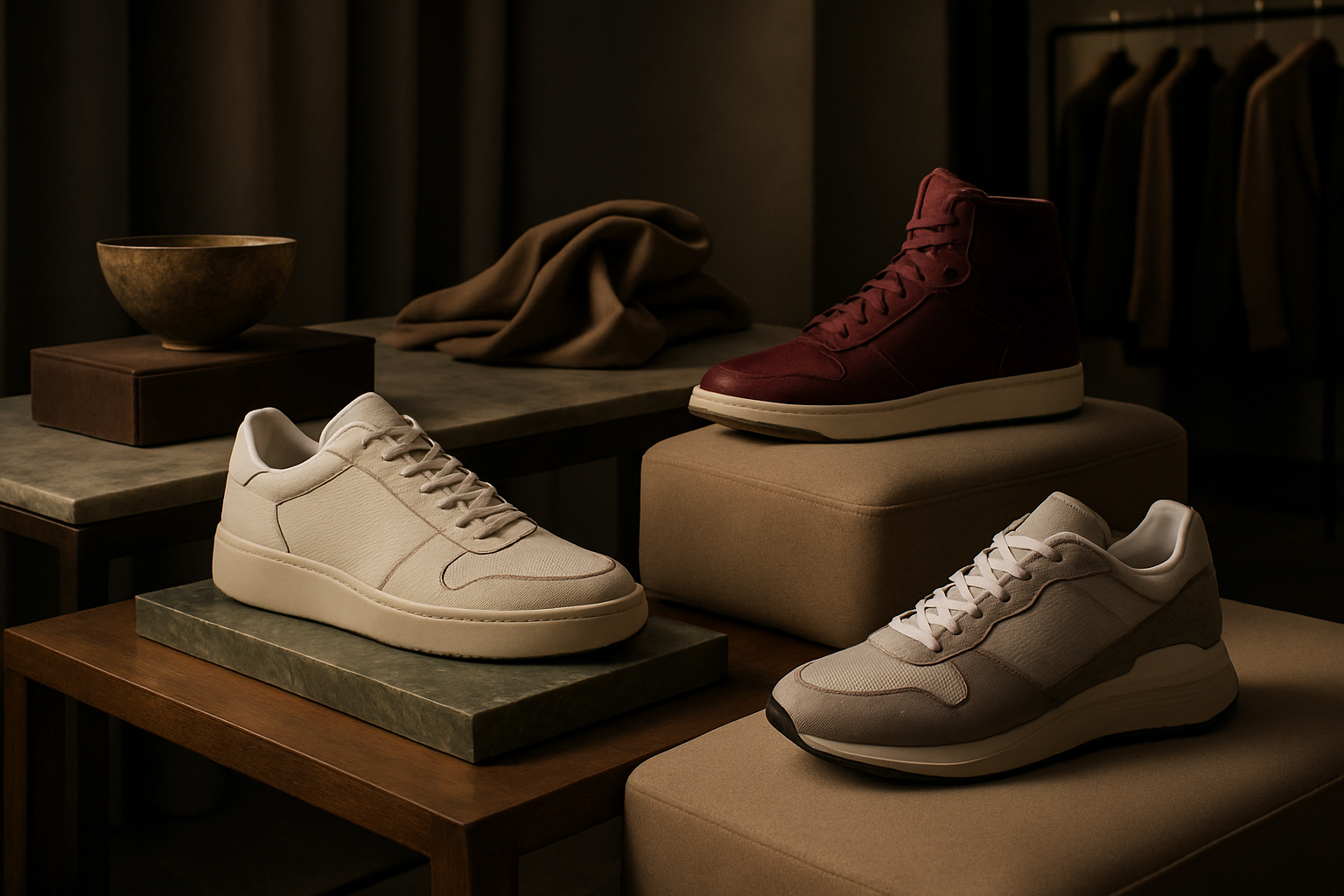 Hoofdfoto van een luxe collectie sneakers met hoogwaardige materialen, elegante silhouetten, in een sfeer van een high-end boetiek, met zachte verlichting voor een premium uitstraling.