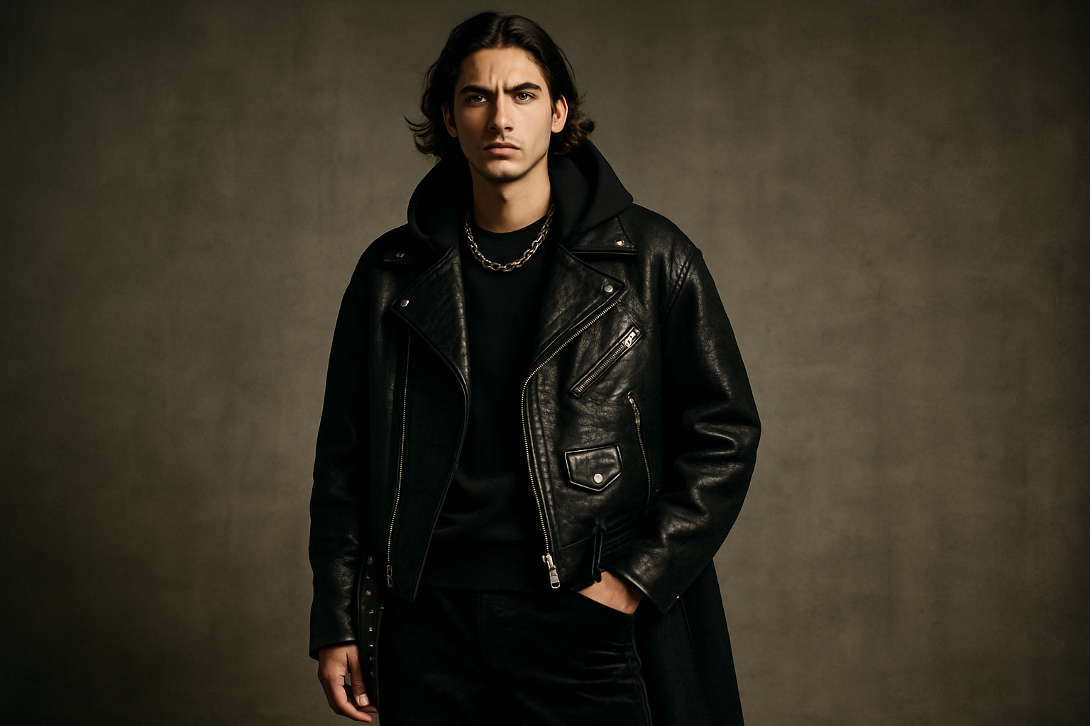 Une image hero élégante mettant en avant l'énergie rebelle du style rock fusionné avec le luxe streetwear, avec des textures premium et des silhouettes affirmées dans un décor urbain chic.