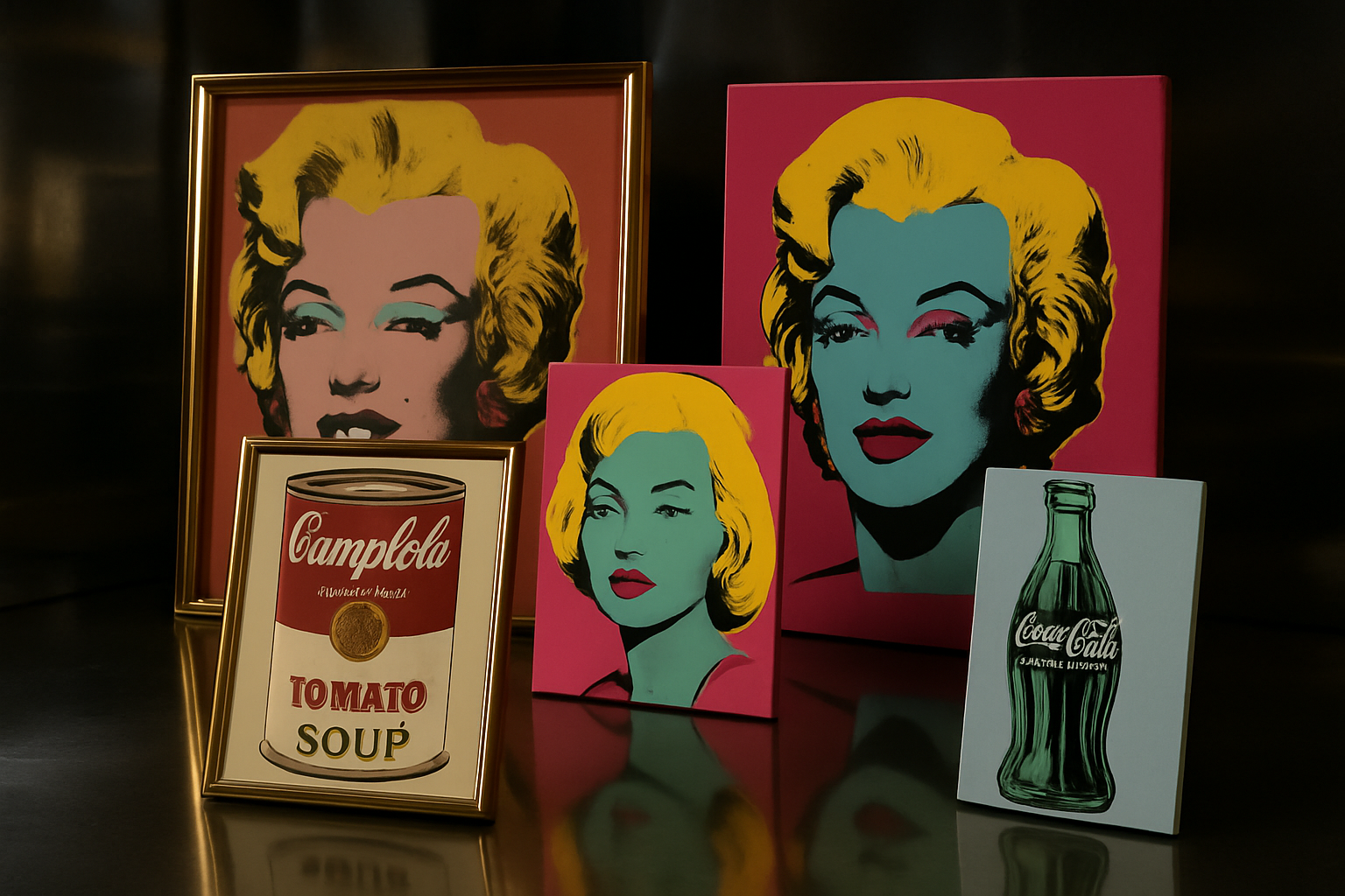 Μία εικόνα ήρωα πολυτελείας με ένα ζωντανό κολάζ διάσημων έργων του Andy Warhol, σε μια εκλεπτυσμένη ατμόσφαιρα με αντανακλαστικά υλικά και λεπτό φωτισμό, αποπνέοντας σύγχρονο pop art.