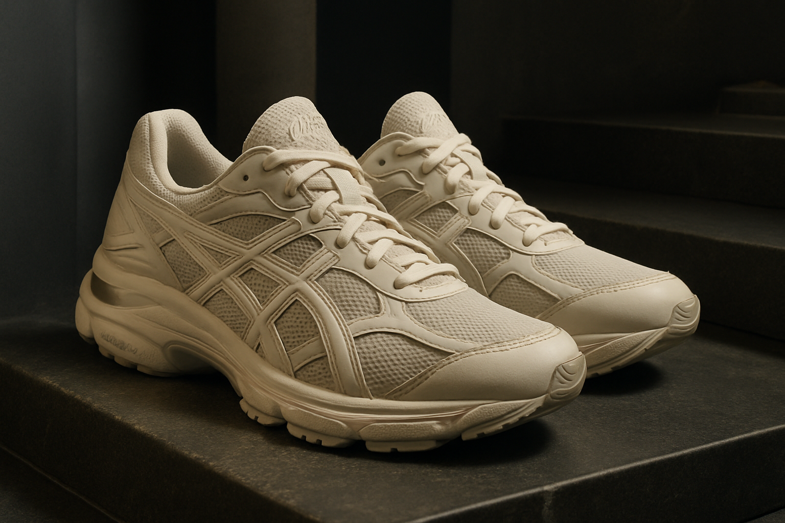 Visuel en portrait mettant en valeur la silhouette épurée de la collection ASICS Gel-Cumulus 16, avec un décor minimaliste évoquant le streetwear de luxe, lumière douce et tons neutres.