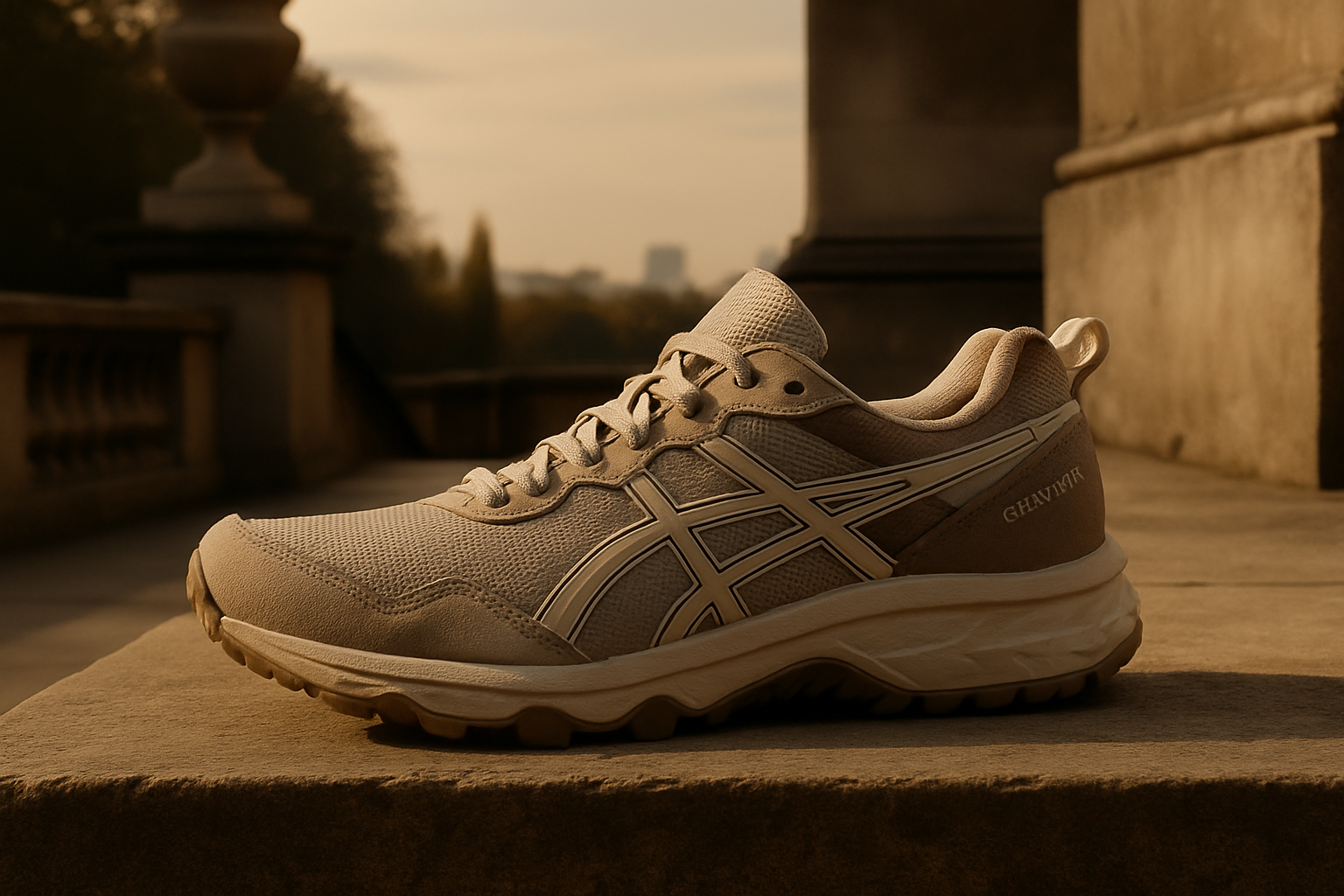 Hero visuel mettant en valeur la sneakers ASICS Gel-Sonoma dans un environnement urbain et naturel, soulignant la silhouette technique et les matériaux haut de gamme.