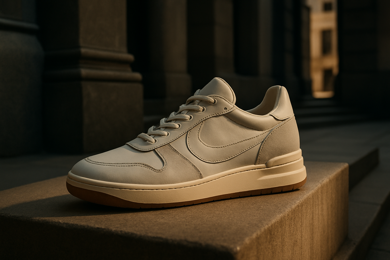 Luxe hero-afbeelding van een retro-geïnspireerde sneaker-scène, tonen premium materialen, slanke silhouet en verfijnde streetwear-stijl, in een verfijnde stedelijke omgeving, zachte belichting.