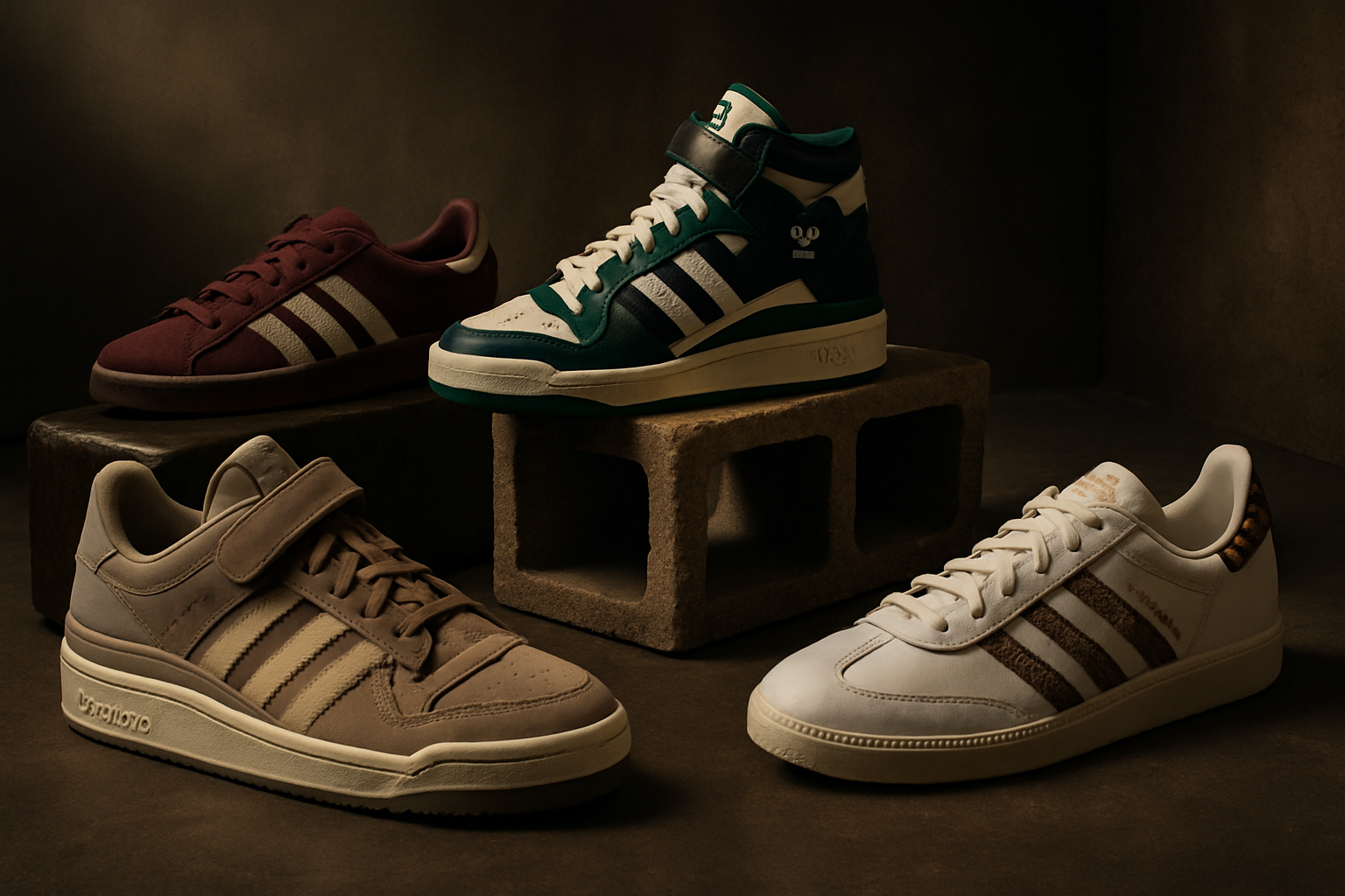 O selecție rafinată de pantofi Adidas mai puțin cunoscuți, expuși într-un mediu urban elegant, evidențiind diversitatea și exclusivitatea.