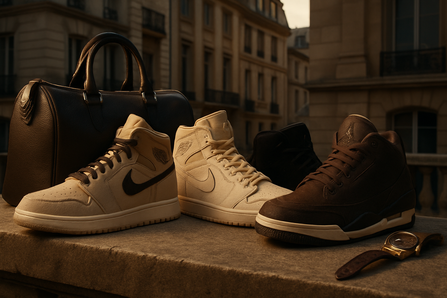 Роскошный герой-фотосет в стиле streetwear с редкими силуэтами Air Jordan, изысканные материалы, утонченный городской фон, атмосферное освещение, подчеркивающее текстуру и детали силуэтов, с премиальными аксессуарами, в ландшафтной компоновке,…