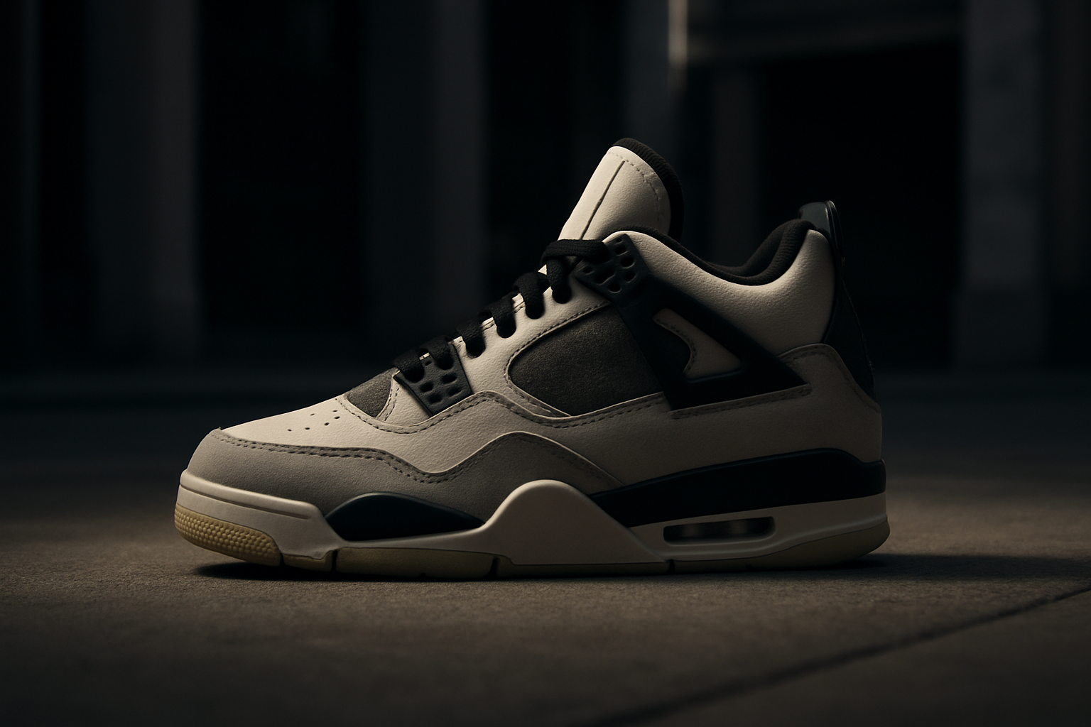 Μια κομψή, μινιμαλιστική εικόνα με σπάνια και στιλάτα sneakers από τη συλλογή, σε μια αστική σκηνή με εκλεπτυσμένο φωτισμό.