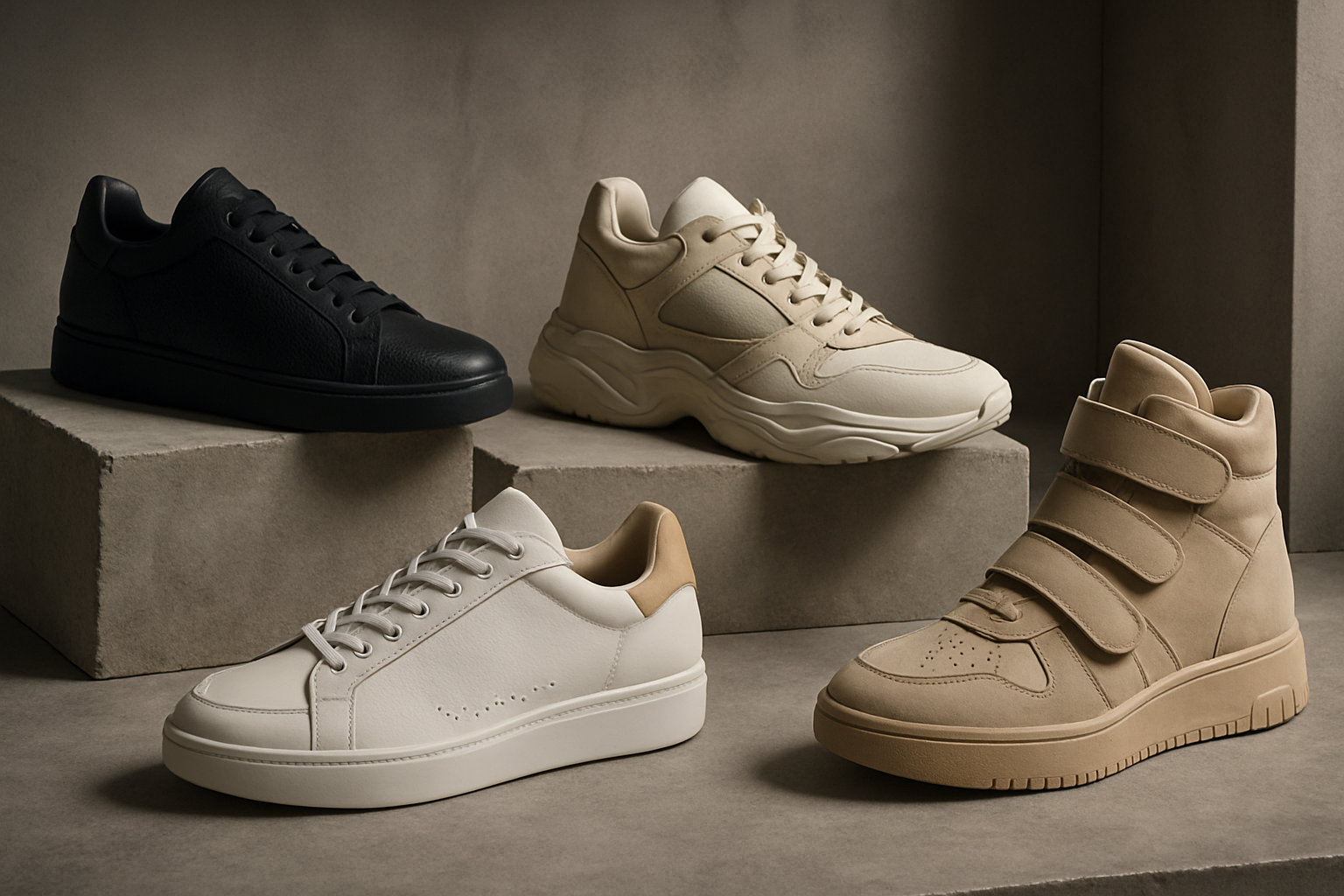 Fremragende hero-billede af vores luksus sneaker-kollektion: kunstnerisk arrangerede high-end sneakers i en urban setting med sofistikeret belysning, der fremhæver materialer og silhuet.