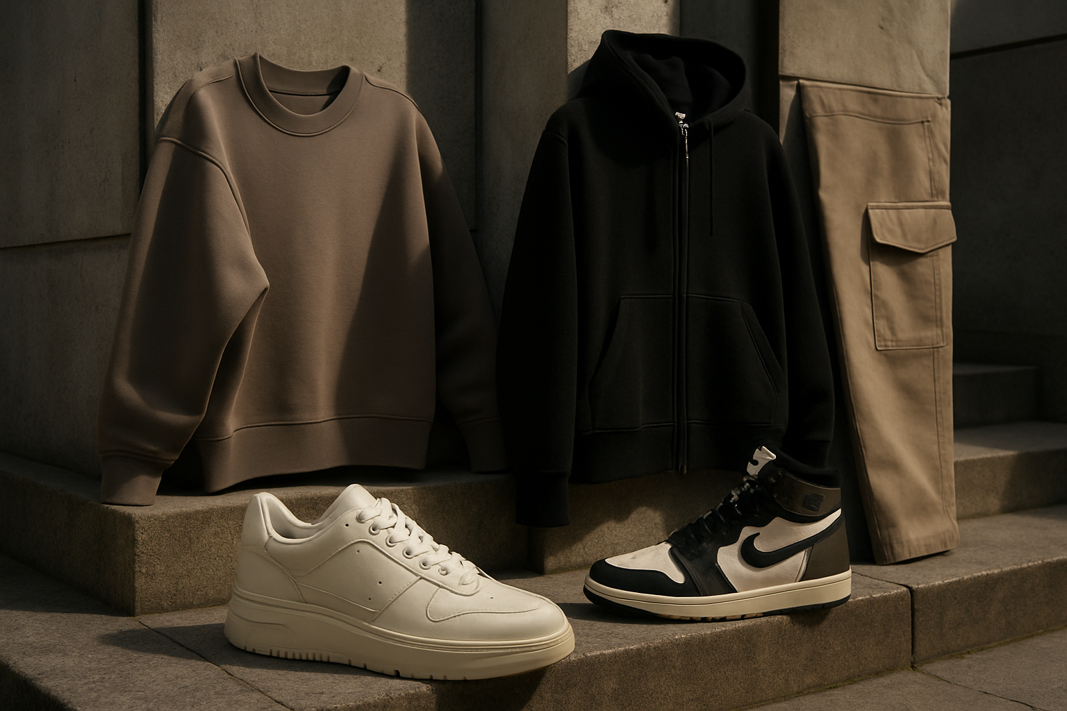 Une sélection raffinée de sneakers de la collection Bodega, exposée dans un décor urbain moderne, illustrant l'essence du streetwear haut de gamme.