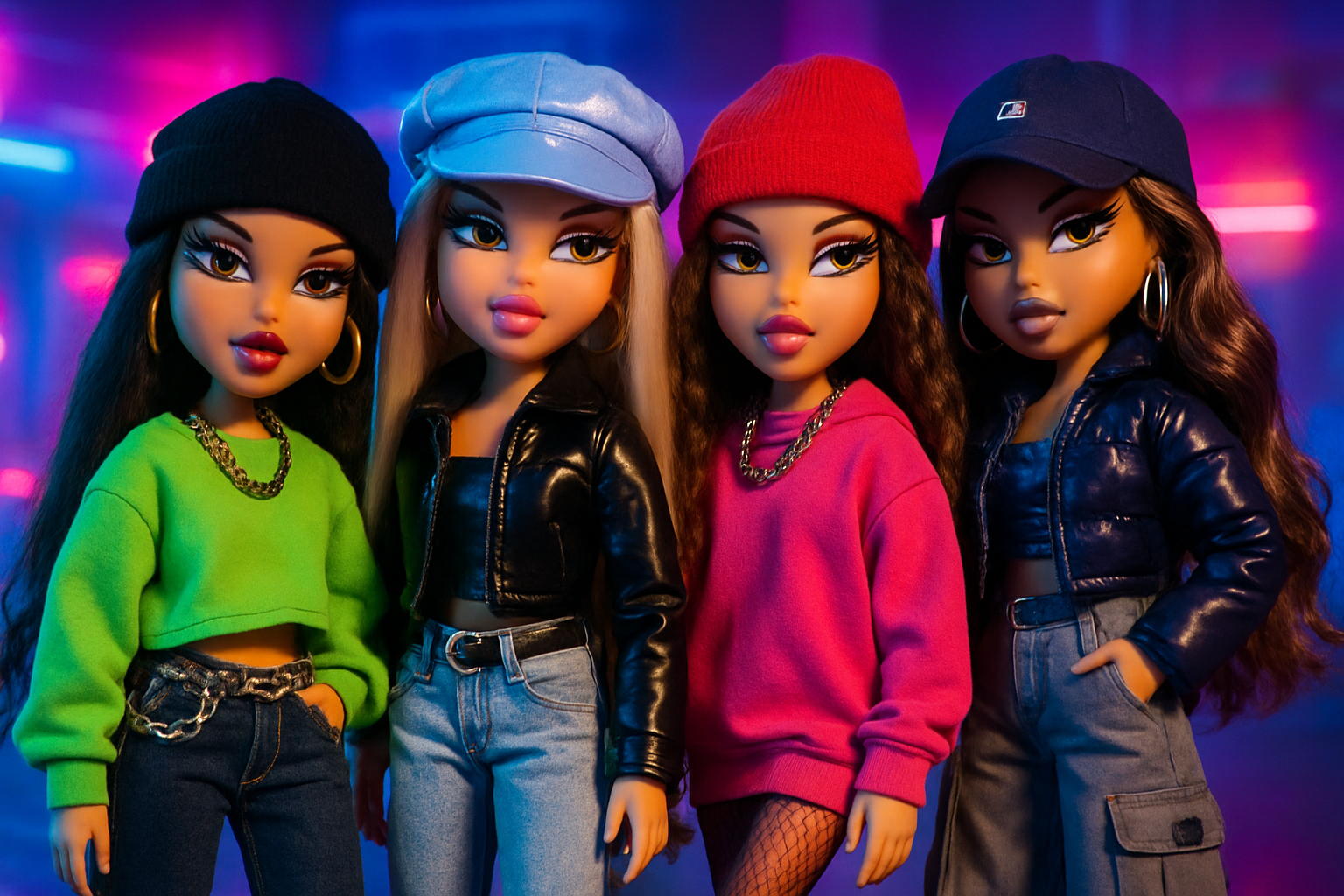 En livfull hero-bild med Bratz-dockor i Y2K-estetik, stylade med streetwear-element, glansiga texturer och neonbelysning, som väcker nostalgi för 2000-talets popkultur, landskapskomposition.