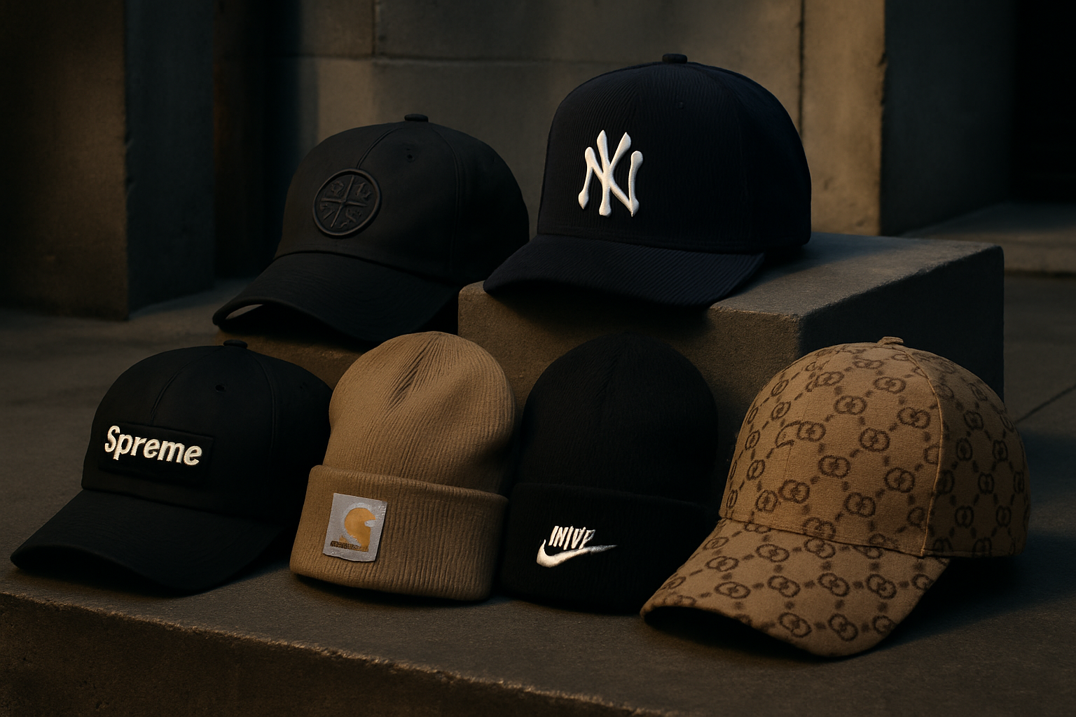 Una imagen editorial de lujo que muestra una amplia selección de gorras y gorros de alta gama de marcas icónicas, en un entorno urbano con iluminación sofisticada que resalta texturas y estilos.