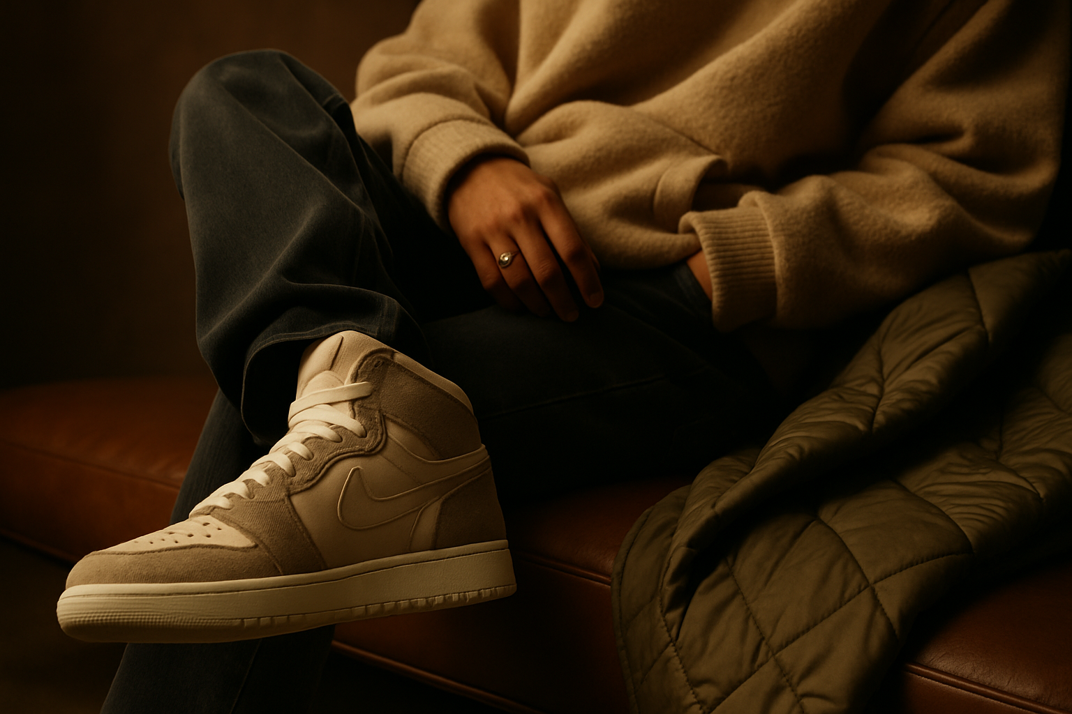 Imagen principal de editorial de lujo para un mercado de sneakers y streetwear premium, que muestra atmósfera, materialidad, pautas de silueta, referencias de estilo, colores e iluminación del universo de la colección, orientación horizontal.