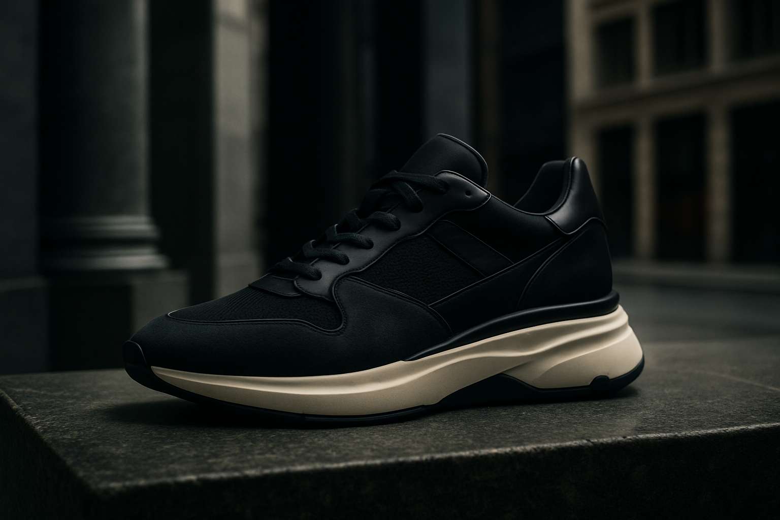 High-quality image of a luxury sneaker with premium materials and sleek design, set against an urban background.