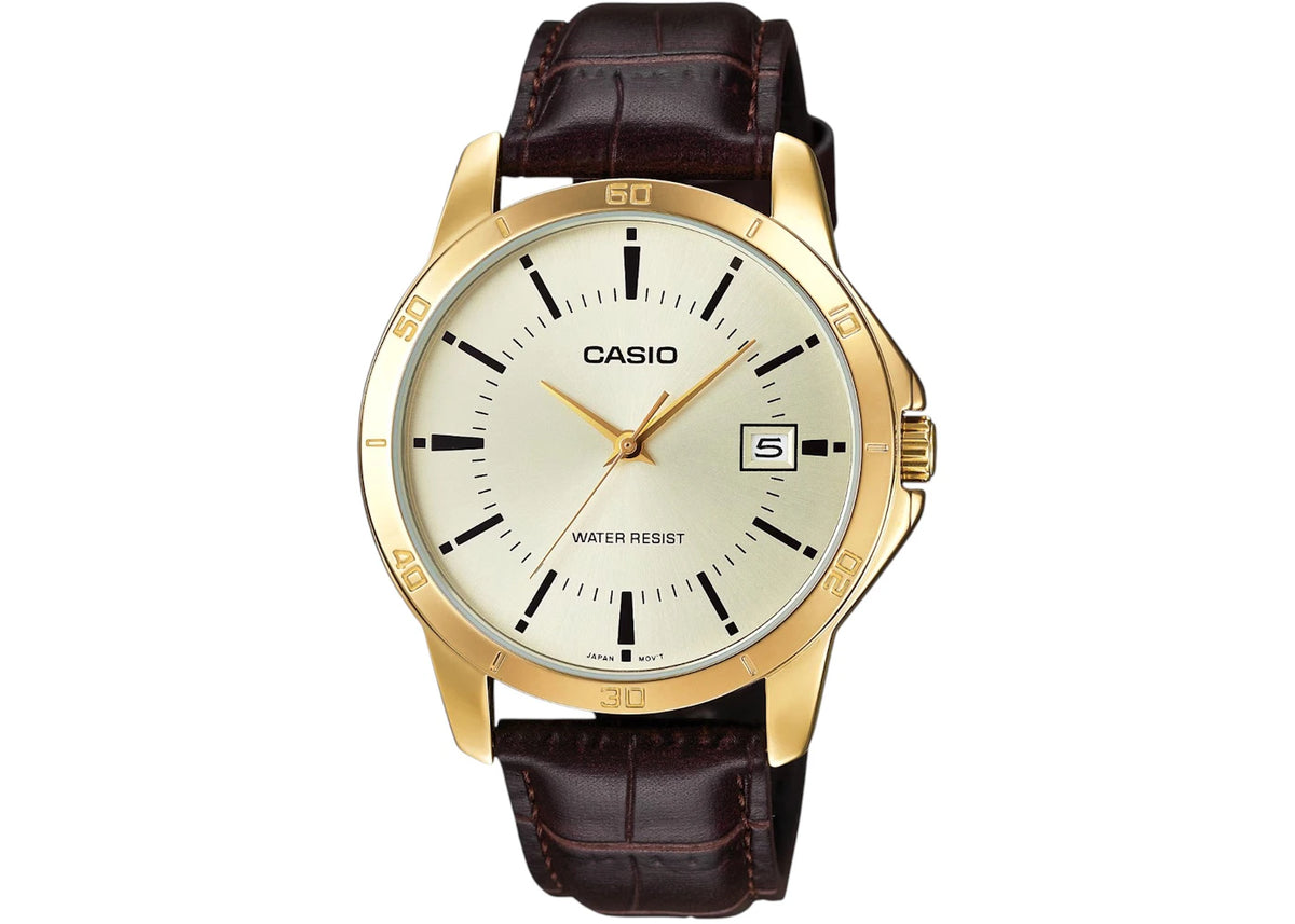 Casio Men’s Gold Tone Analog Watch with Brown Leather Strap MTP-V004GL-9AUDF -1