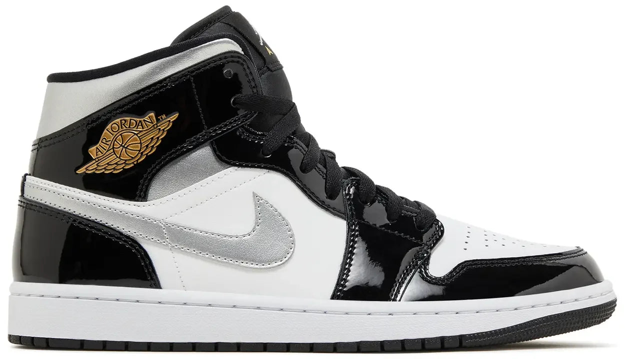 Jordan 1 Mid SE Patent Black White Metallic Silver Metallic Gold