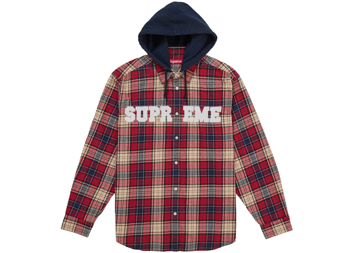 Supreme Applique Hooded Flannel Shirt Red -1