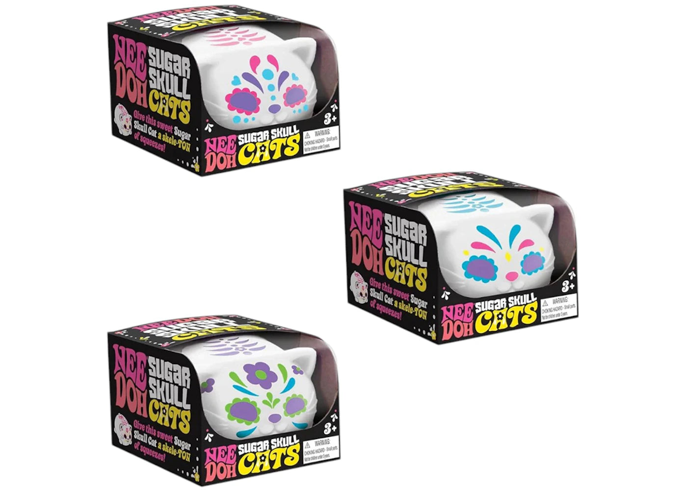 NeeDoh Sugar Skull Cool Cats Squishy Fidget Toy Set of 3 Blue/ Pink/ Green -1