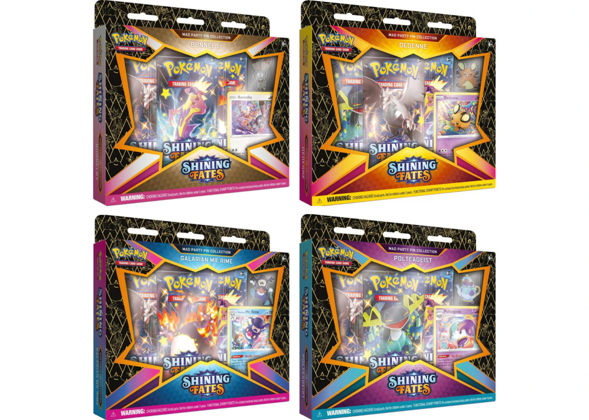 Pokémon TCG Sword & Shield Shining Fates Mad Party Pin Collection 4X Lot Bunnelby/Dedenne/Galarian Mr. Rime/Polteageist -1