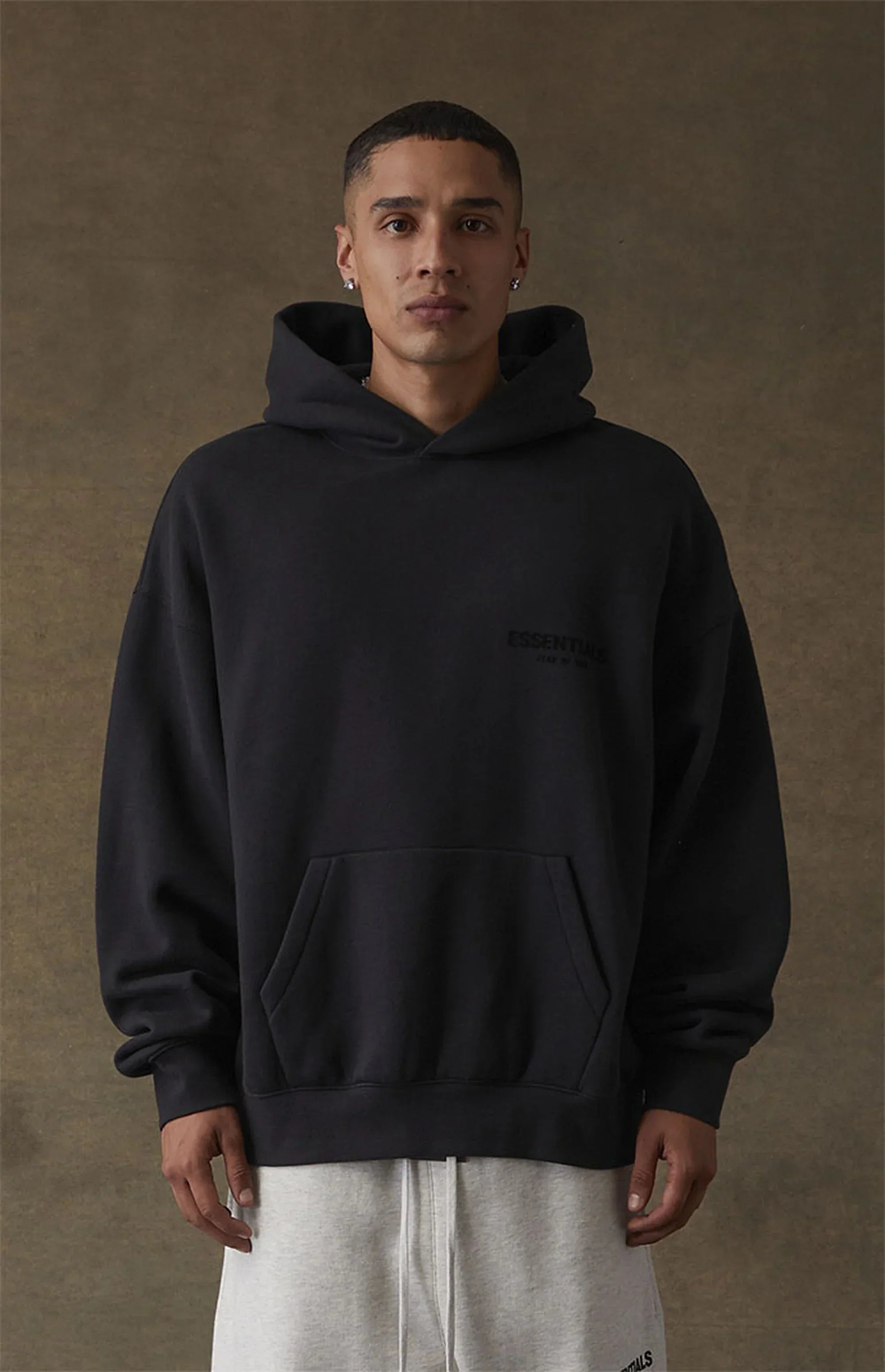 Fear of God Essentials Pullover Chest Logo Hoodie Stretch Limo/Black back outfit front