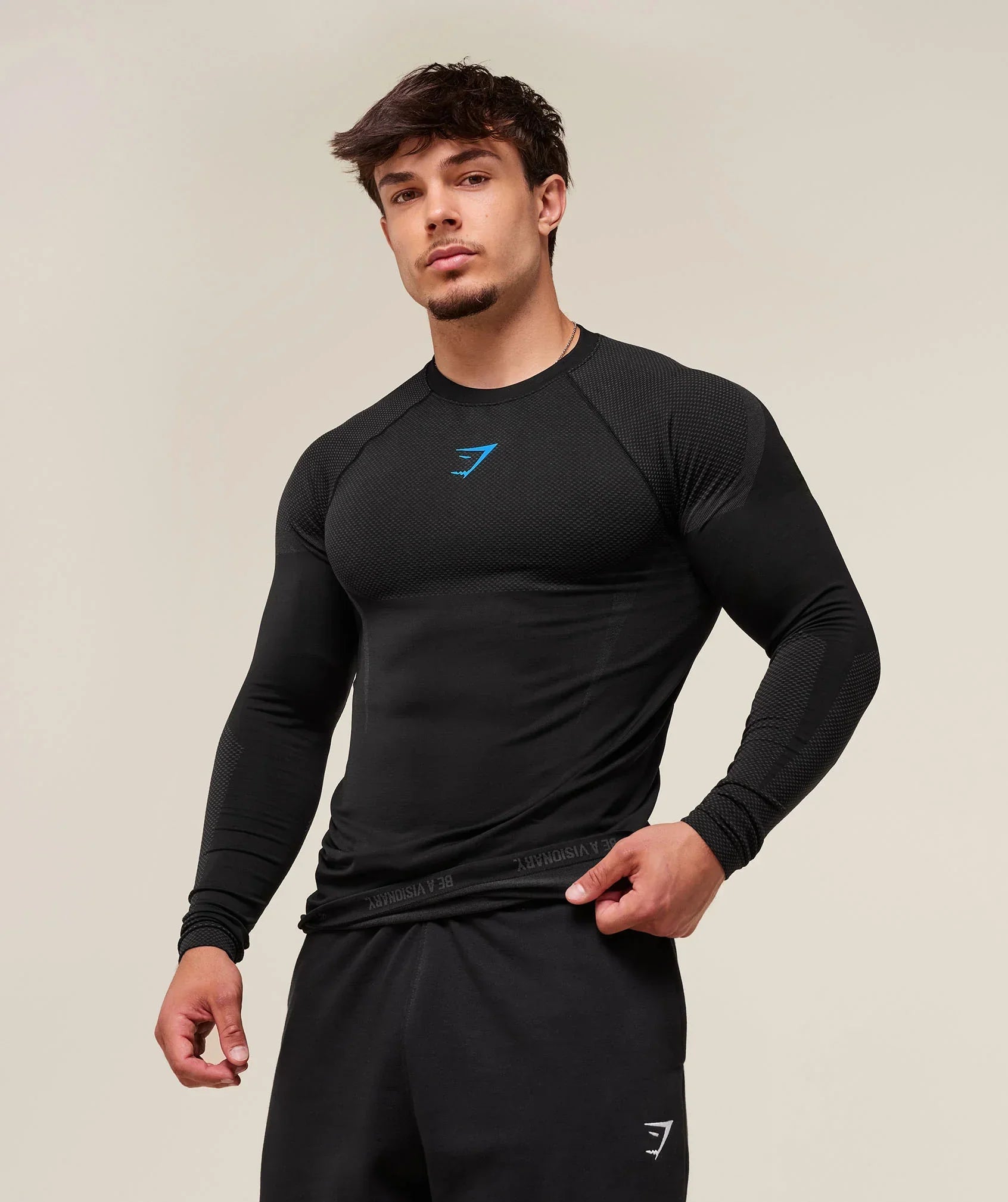Gymshark Onyx 5.0 Seamless Long Sleeve T-shirt Black/Onyx Grey Back posing 2