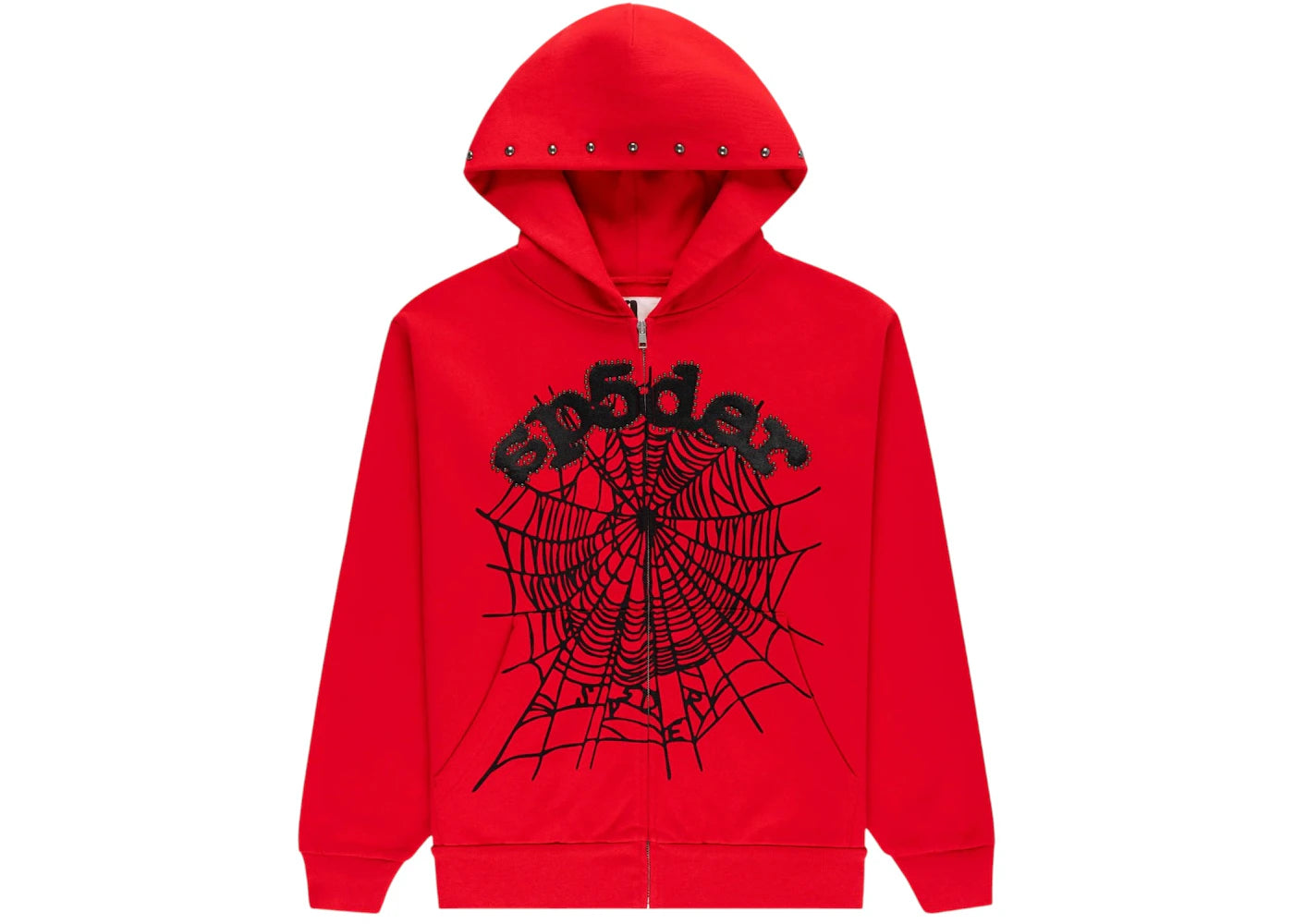 Sp5der OG Web Studded Zip Hoodie Red -1