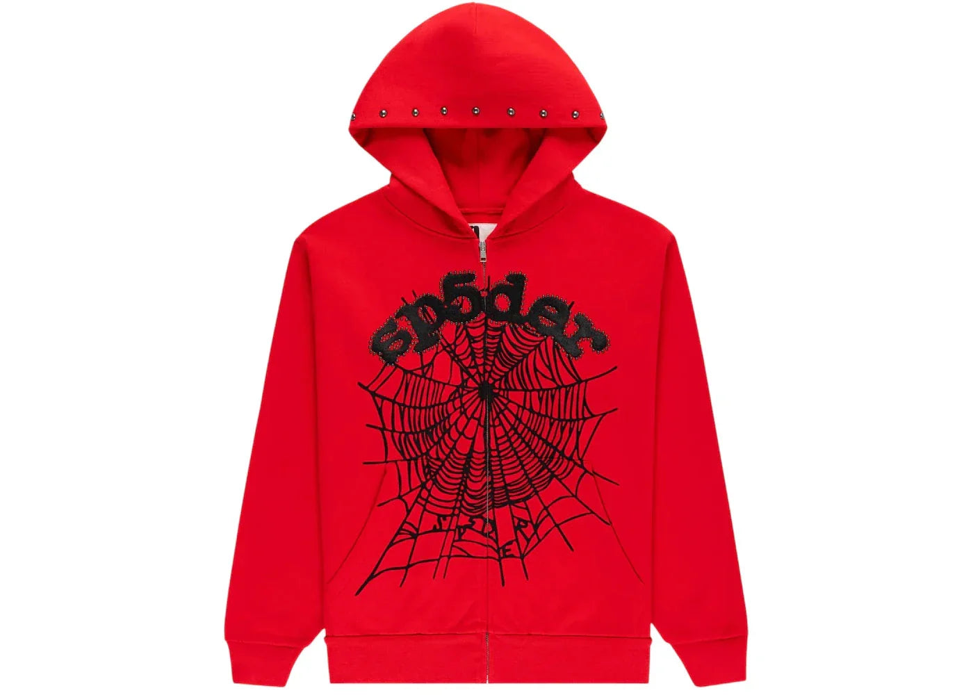 Sp5der OG Web Studded Zip Hoodie Red -1