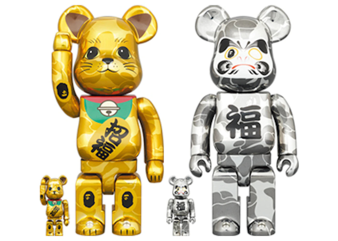 Bearbrick x BAPE Maneki Neko & Daruma 100% & 400% 4-Pc Set Gold & Silver Plated -1