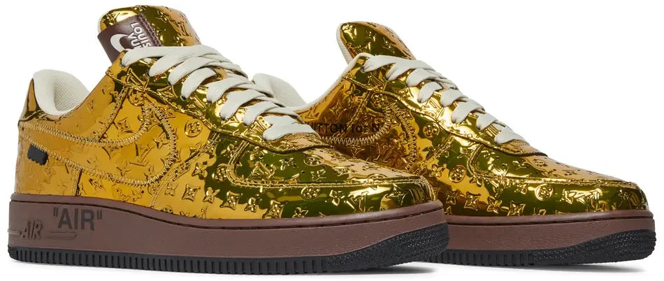 Louis Vuitton Nike Air Force 1 Low By Virgil Abloh Metallic Gold pair
