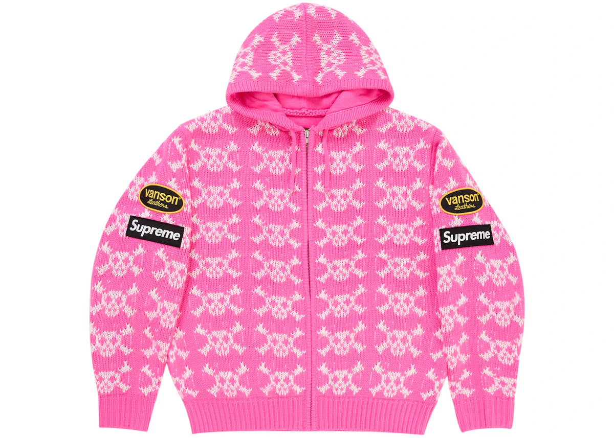 Supreme Vanson Leathers Skull Zip Up Hooded Sweater Pink -1