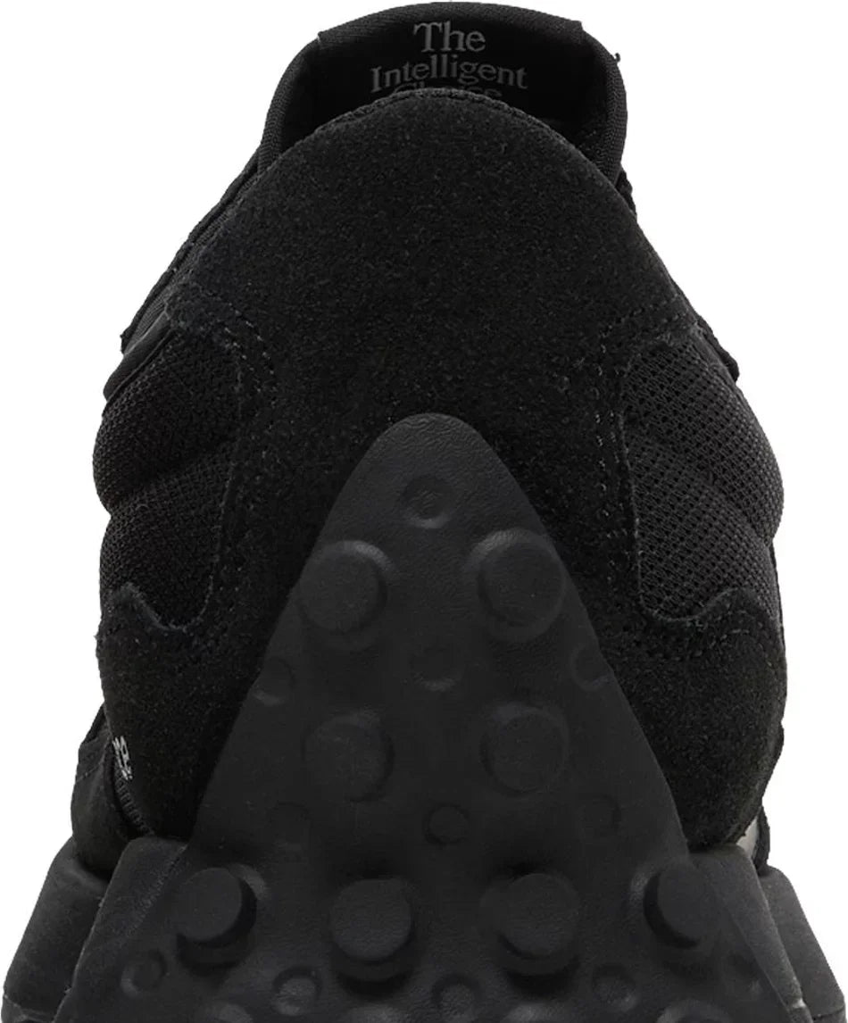 New Balance 327 Black White Tongue Logo close-up heel counter