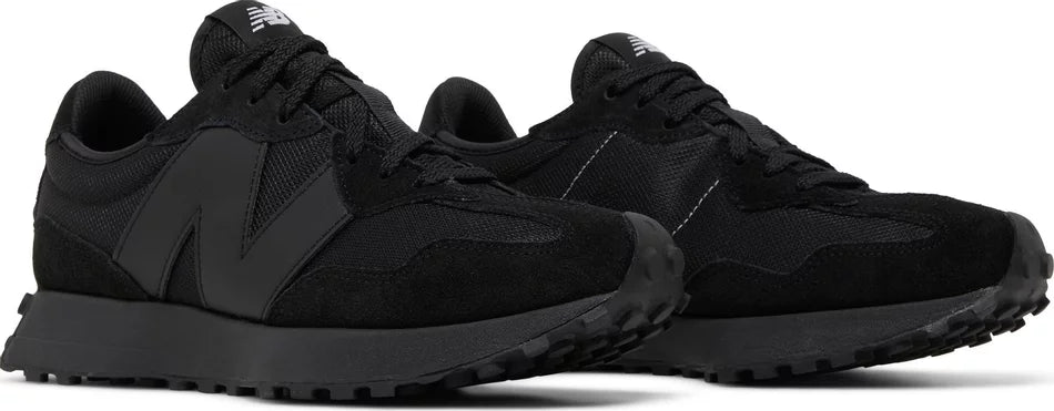 New Balance 327 Black White Tongue Logo pair