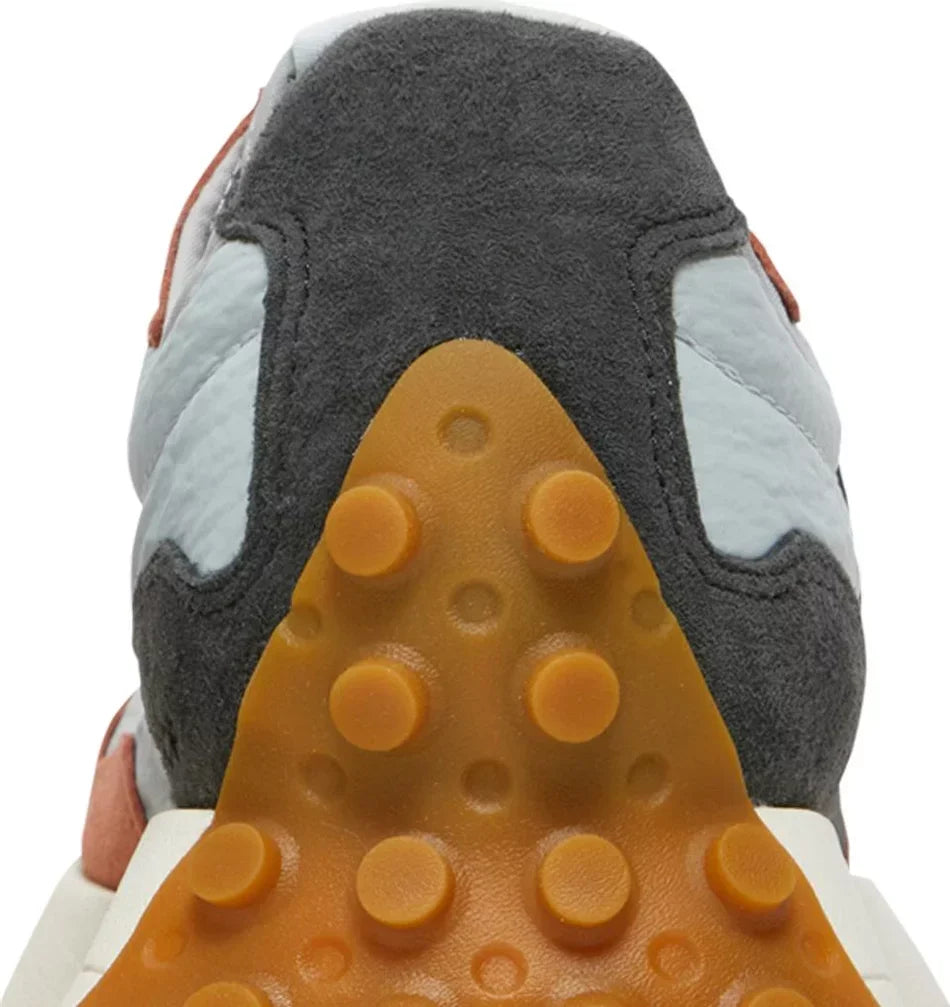 New Balance 327 Brown Grey close-up heel counter