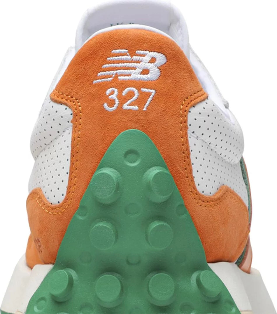 New Balance 327 Casablanca Orange close-up heel counter