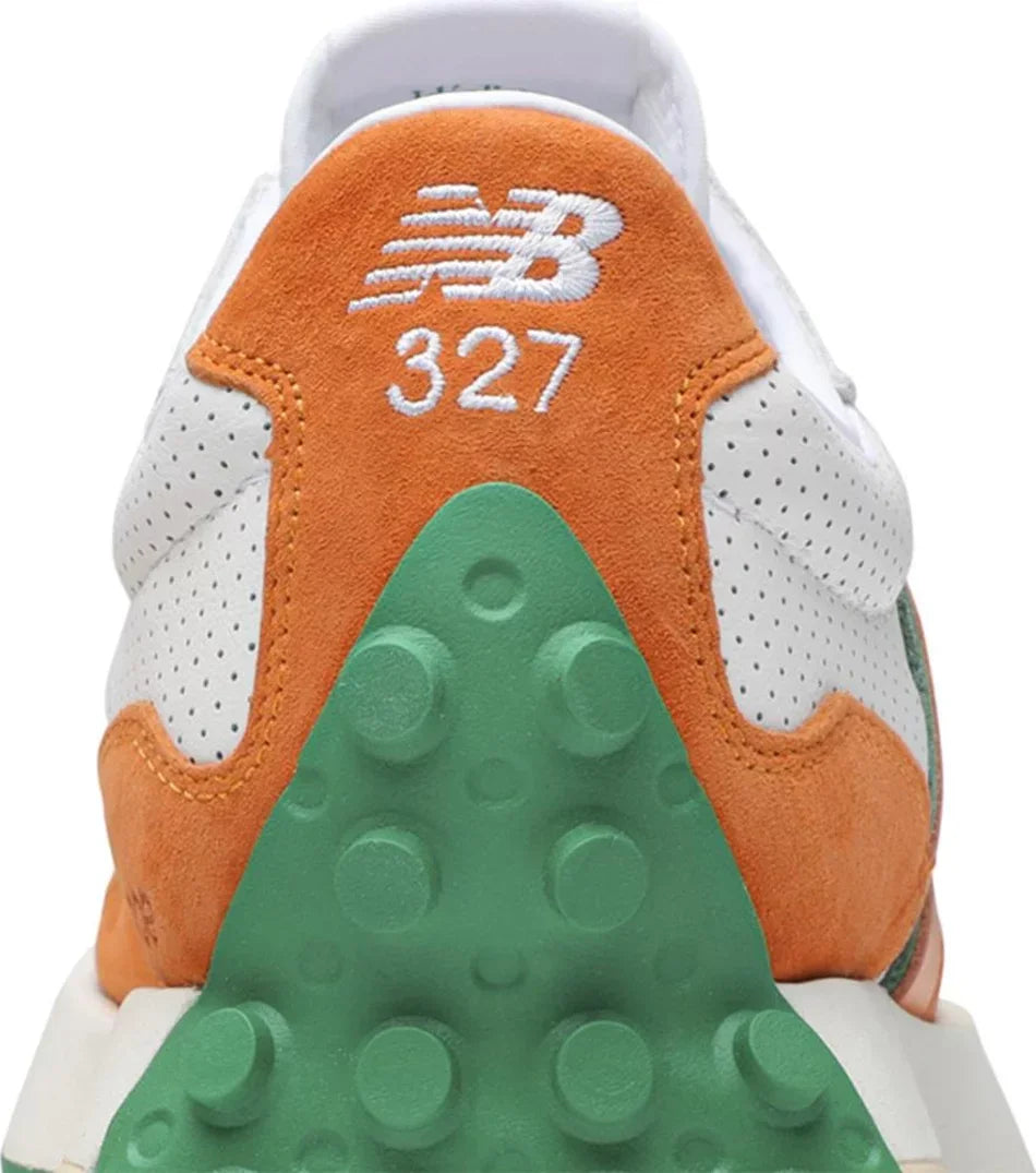 New Balance 327 Casablanca Orange close-up heel counter