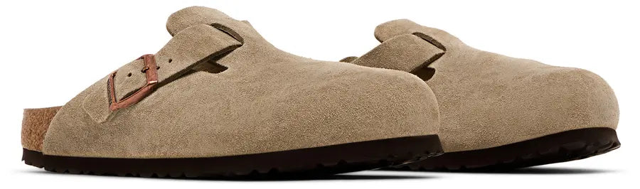 Pair Birkenstock Boston Soft Footbed Suede Taupe (Narrow Fit)