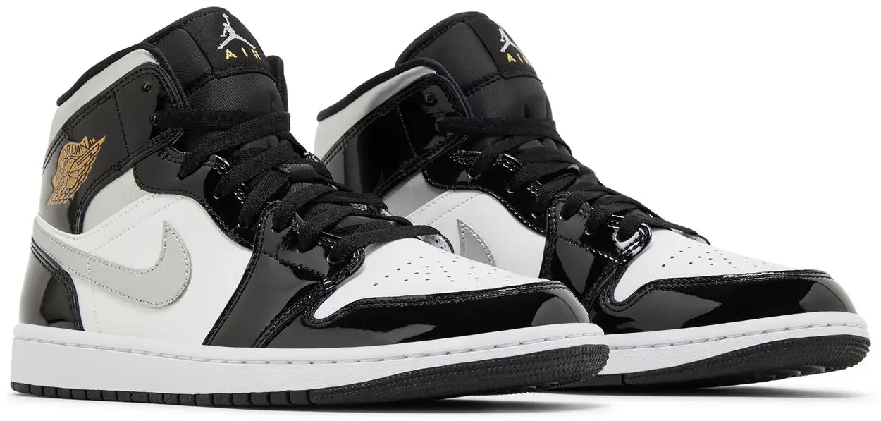 Jordan 1 Mid SE Patent Black White Metallic Silver Metallic Gold