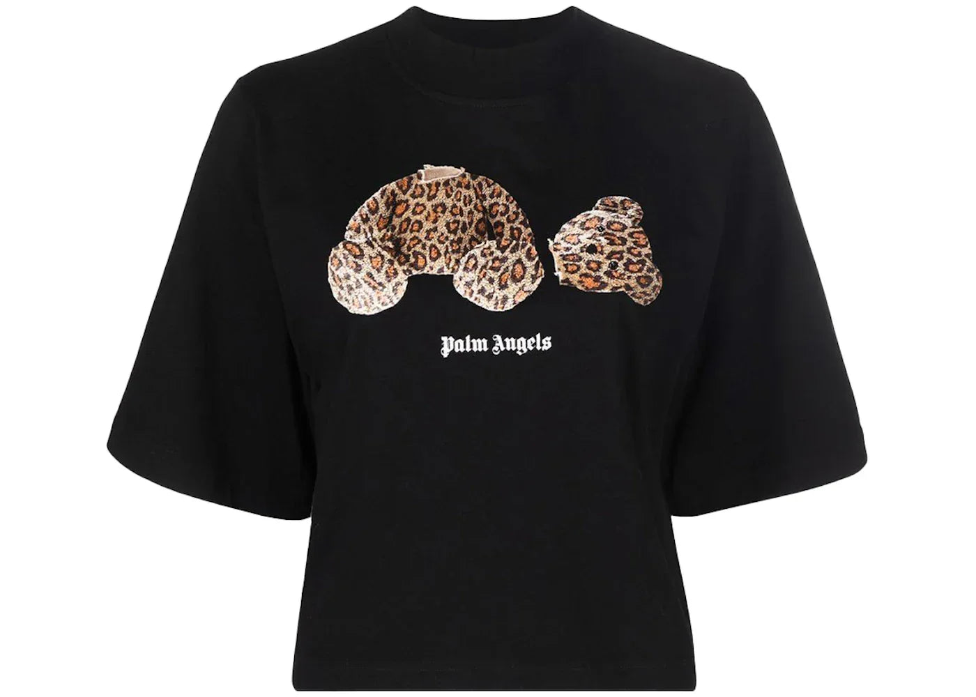 Palm Angels Womens Leopard Bear Cropped T-Shirt Black/Brown