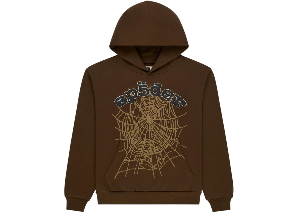Sp5der Rhinestone OG Web Hoodie Brown -1