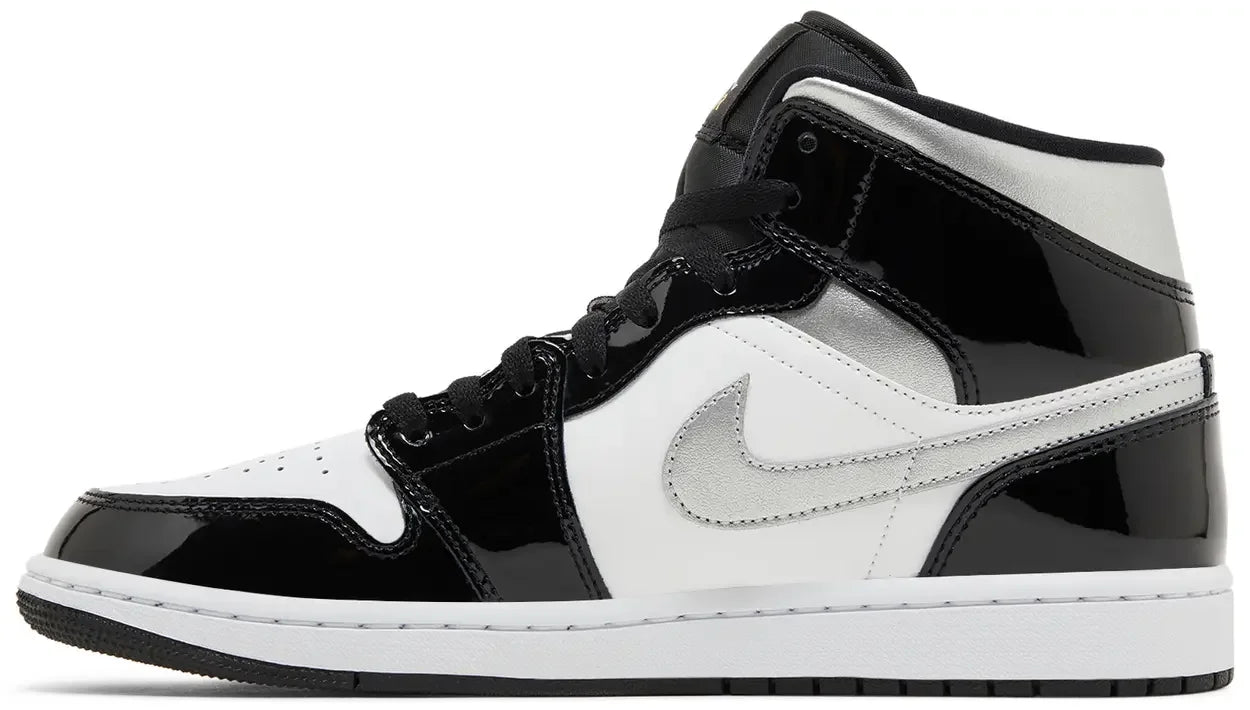 Jordan 1 Mid SE Patent Black White Metallic Silver Metallic Gold