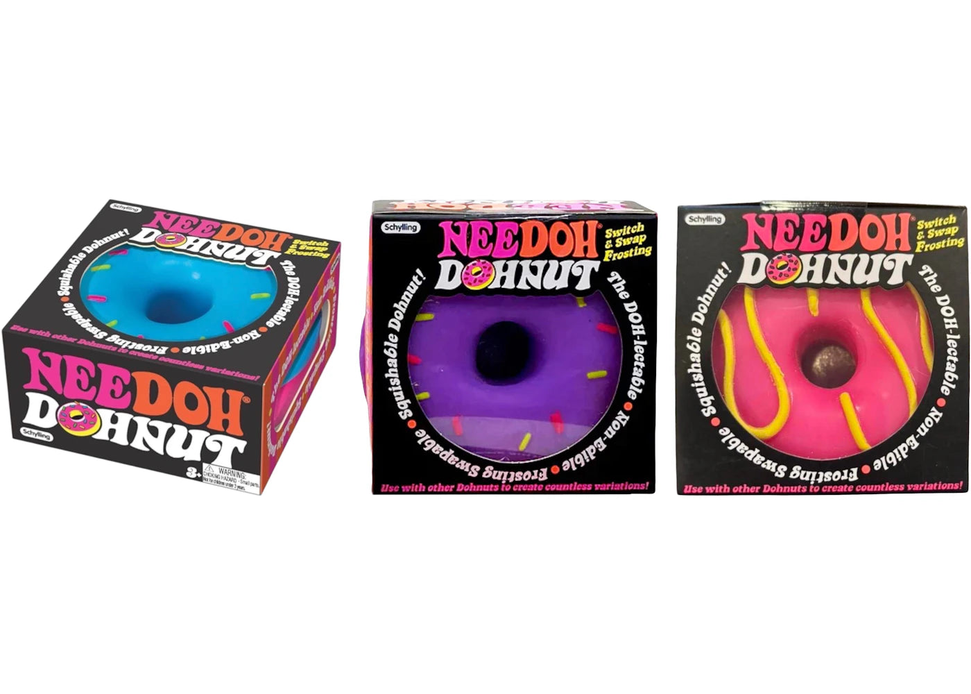 NeeDoh Dohnuts Squishy Fidget Toy 3x Lot Blue/Purple/Pink -1