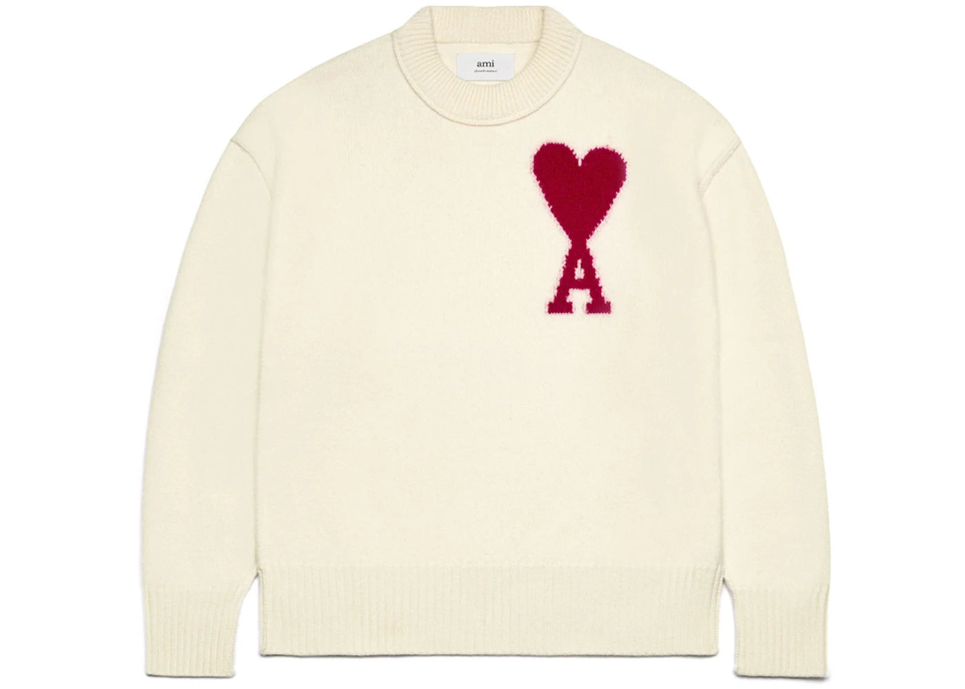 Ami Paris Ami De Coeur Felted Merino Wool Sweater Off White/Red -1